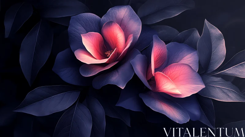 Luminous flowers blooming in deep darkness