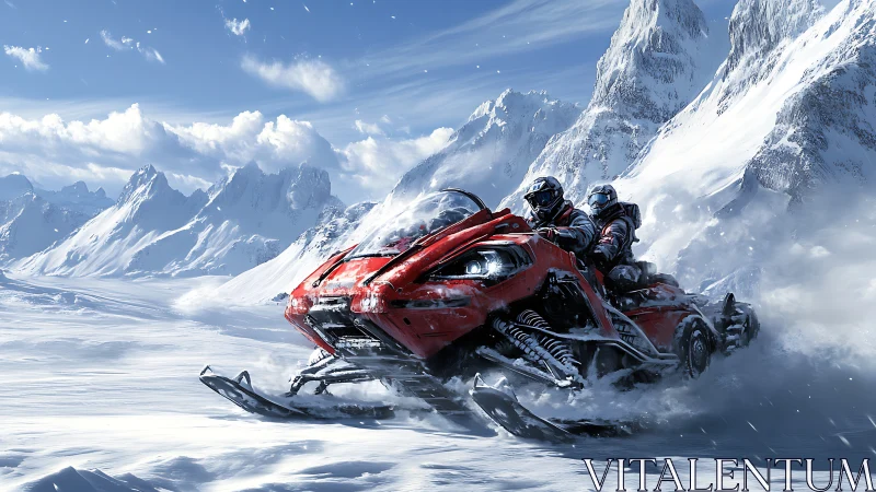 High-speed red snowmobile races through epic icy mountains