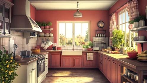 Sunlit rustic kitchen glows with warm coral cabinets and herbs