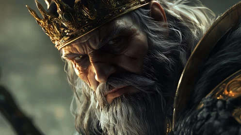 Battle-scarred king glares in dramatic, golden-lit closeup.