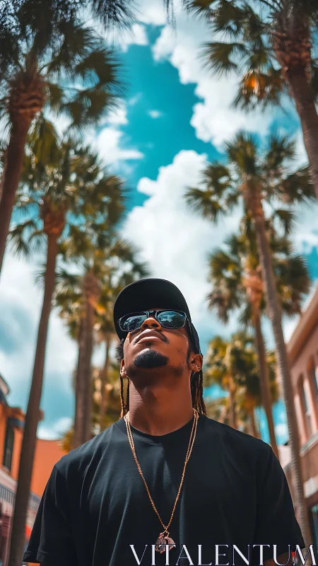 Sunlit city stroll captures laid-back style and bright skies