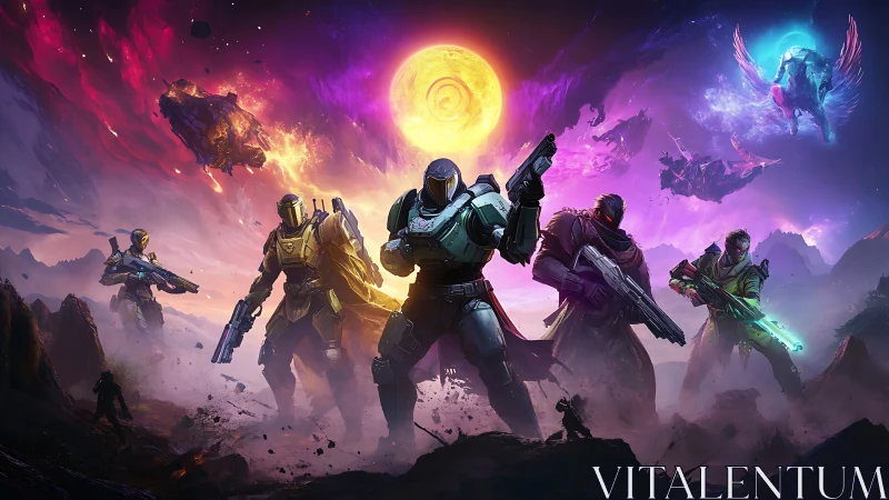 Armored figures stand under luminous alien sky with weapons ready