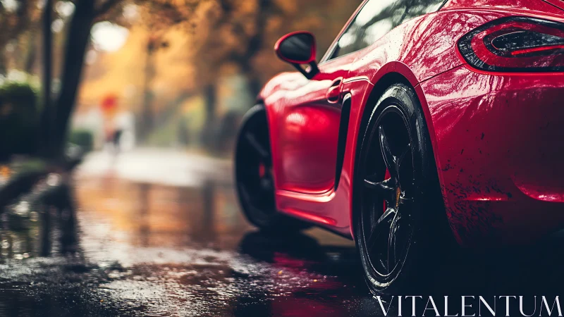 Red sports coupe reflects autumn rain on wet urban street