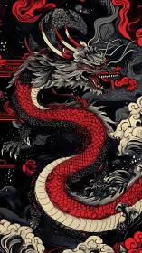 Red oriental dragon coils through dark storm clouds.