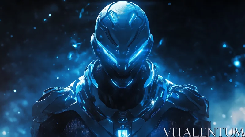 Cyan-luminous cybernetic soldier emerges from a void field