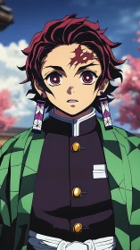 Scarred swordsman steadies his resolve beneath spring skies.