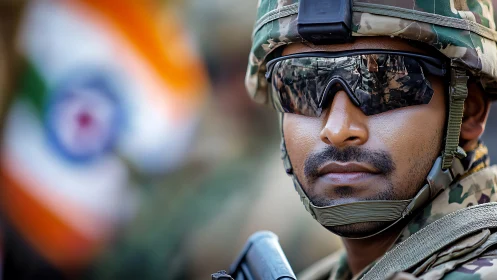 Indian soldier in combat gear with blurred national flag.