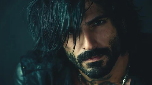 Brooding bearded man under moody teal cinematic lighting.