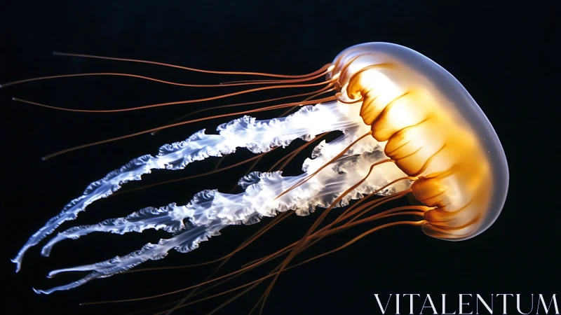 Glowing orange jellyfish drifting through dark ocean water.