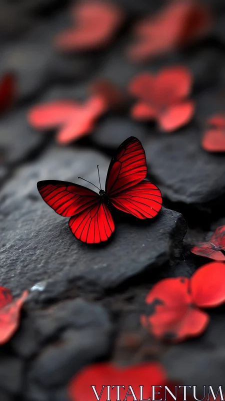 Red butterfly rests on dark stone among blurred petals
