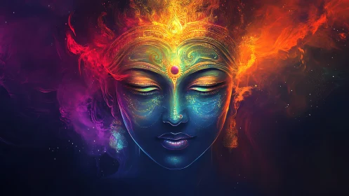 Symmetric cosmic goddess portrait with vibrant nebular light gradients