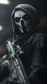 Hooded skeletal-masked soldier holds rifle in controlled pose