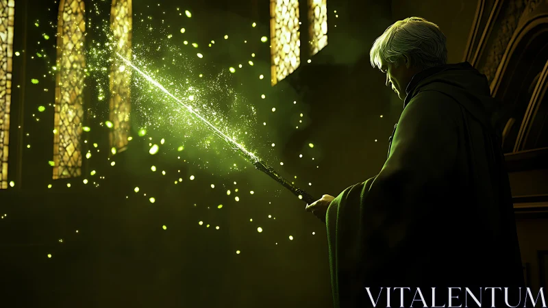 Robe clad mage casting green spell in stained glass hall.