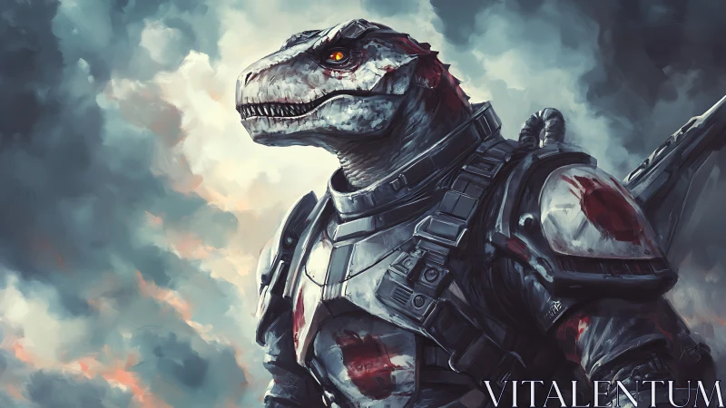 Digital painting of armored dinosaur warrior under storm clouds.