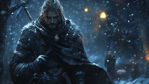 Brooding swordsman stalks snowbound midnight street scene.