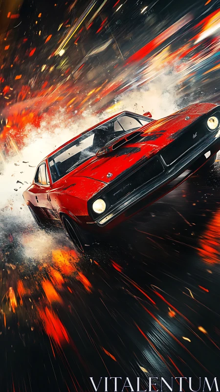 Red muscle car drifting through cinematic firestorm streets.