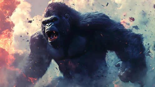 Digital painting of roaring titan gorilla in explosive clouds.