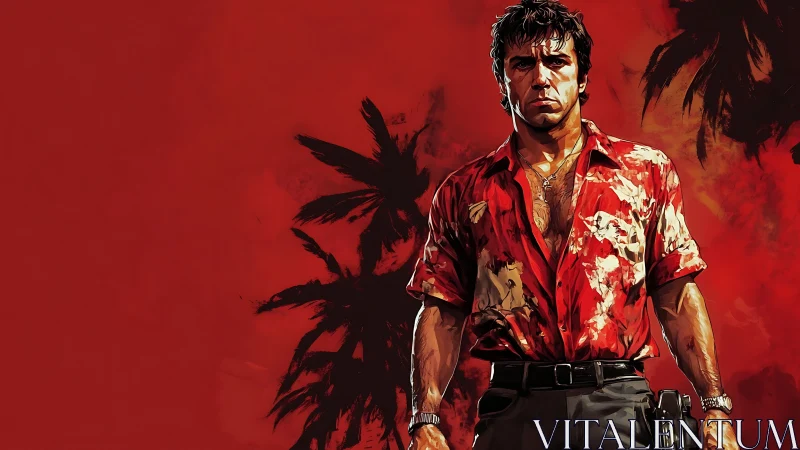 Solitary male figure in red tropical shirt on red backdrop.