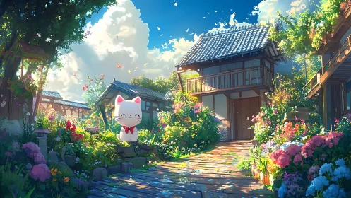 Sunny garden path with a cheerful lucky cat statue welcome.