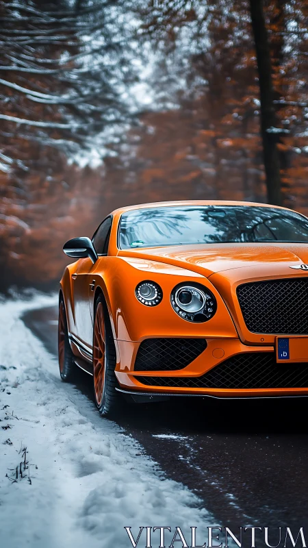 Vibrant orange luxury coupe advances along a snowy forest road