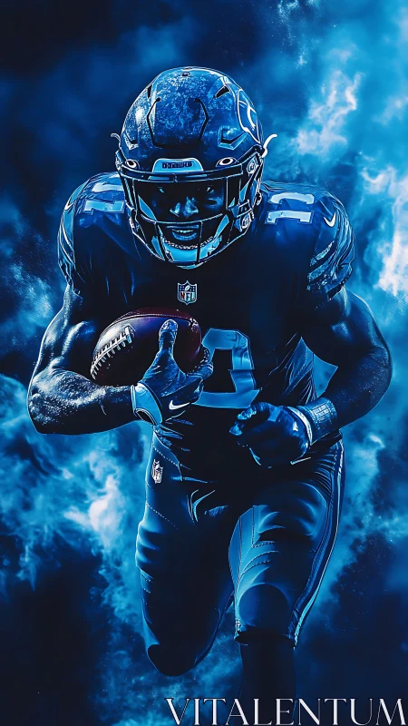 Blazing gridiron comet sprints through electric blue storm.