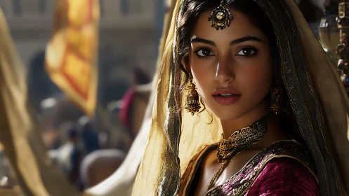 Portrait of woman in traditional attire, warm market light.