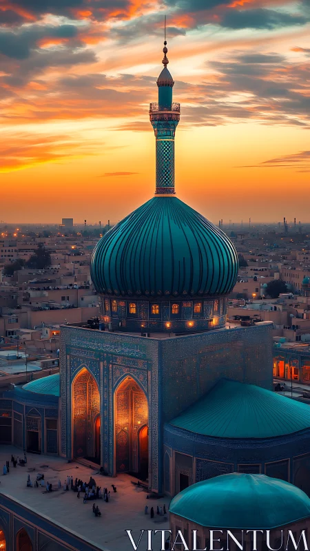 Sunset over turquoise-domed mosque above dense cityscape.