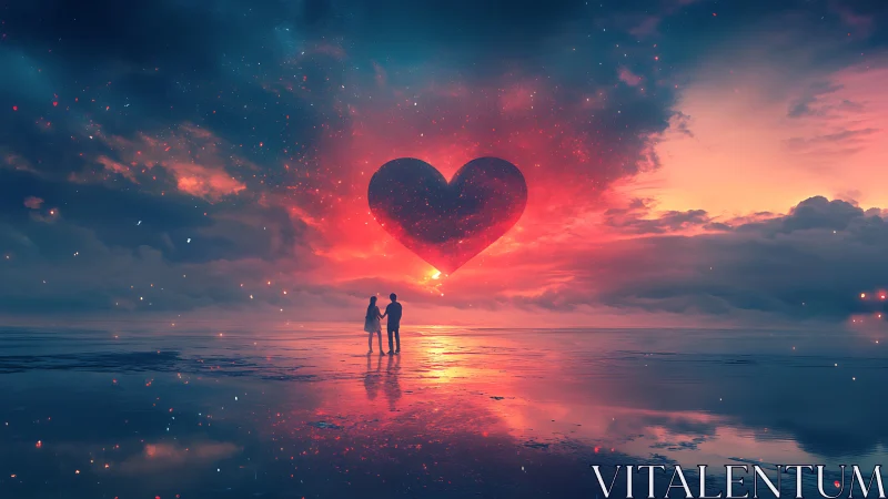 Cosmic Heart Over Luminescent Waters: Digital Fantasy Sunset.