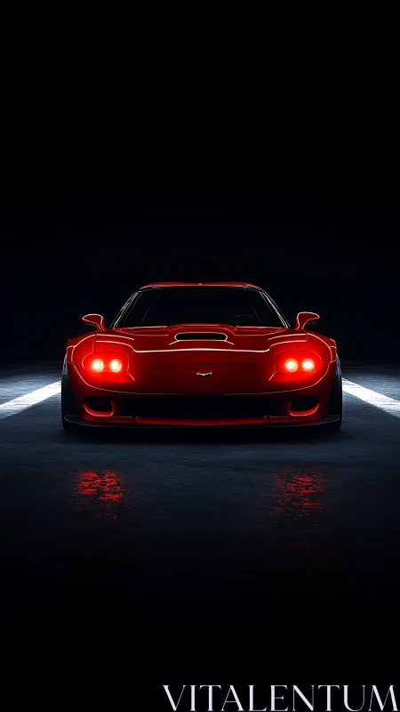 Low-key frontal view of red sports coupe with quad headlamps
