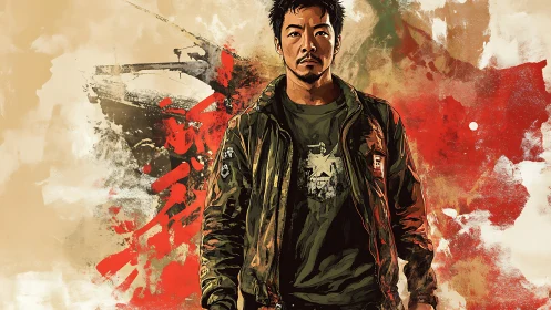 Military style portrait with abstract red and beige backdrop.