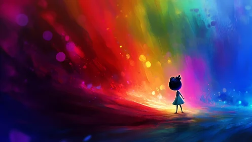 Child silhouette facing high-saturation radial rainbow light field