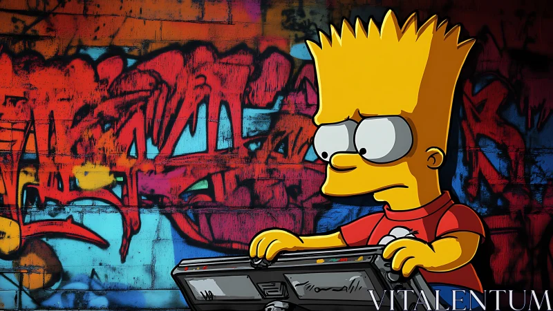 Cartoon boy with tablet against colorful graffiti wall.