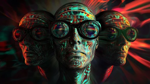 Triplicate cyber faces merge in neon distortion and motion blur.