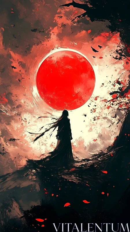 Silhouetted wanderer before oversized red eclipse disc.