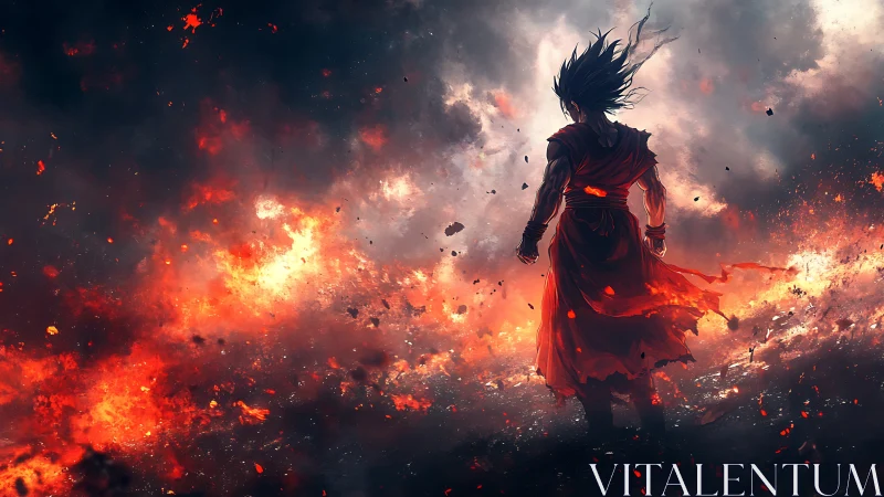 Backlit warrior silhouette in explosive inferno cloudscape field
