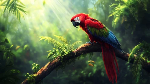 Vibrant Scarlet Macaw on Jungle Branch, Lush Digital Art Scene.