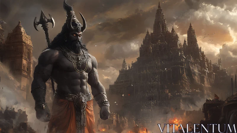 Mythic horned warrior towers before burning temple city