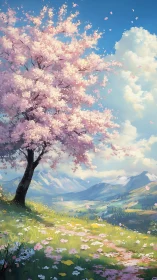 Cherry blossom tree above alpine valley in springtime.