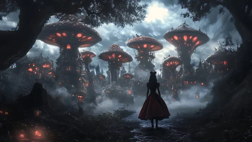 Midnight girl wandering a glowing mushroom city of secrets.