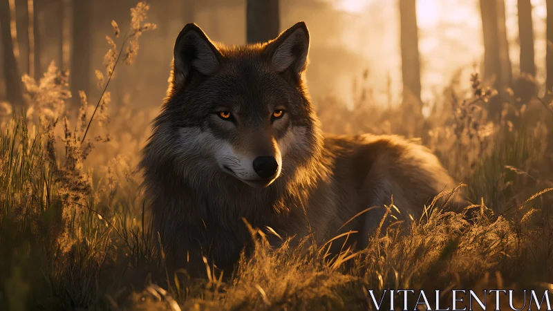 Lone wolf rests in golden forest light at tranquil dawn