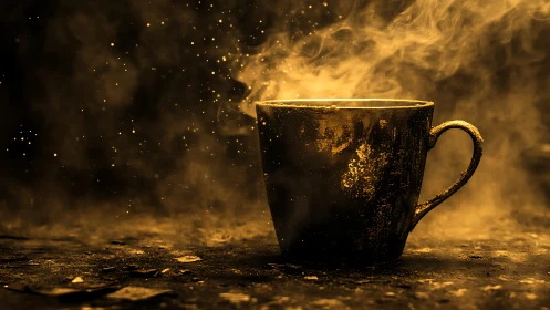 Cinematic low key coffee mug study with atmospheric steam glow.