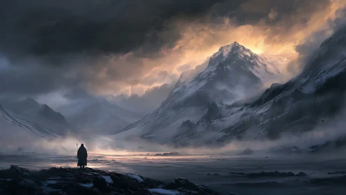 Epic digital painting of lone wanderer in glacial mountain pass.