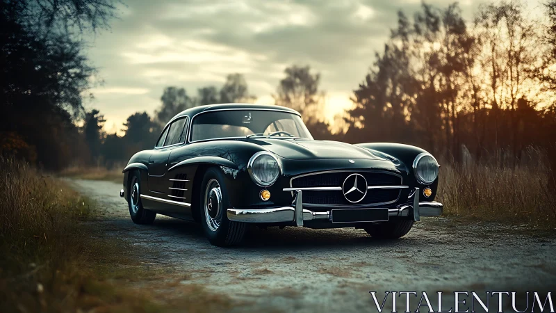 Vintage black coupe on rural road at cinematic sunset glow.