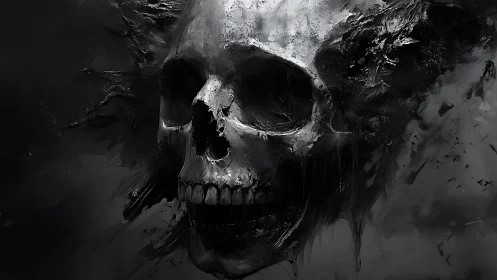 Eroded skull emerges from turbulent monochrome smoke and debris