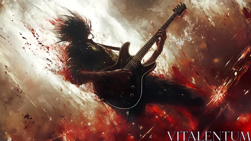 Electric guitarist in explosive red and white abstract scene.