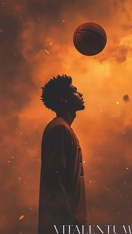 Silhouetted basketball player under fiery orange sky.
