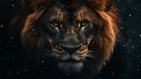 High-contrast digital lion portrait with embers and nocturnal field.