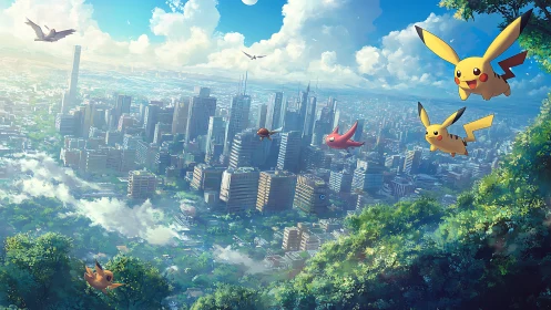 Pikachu glides above a sparkling city of clouds and steel