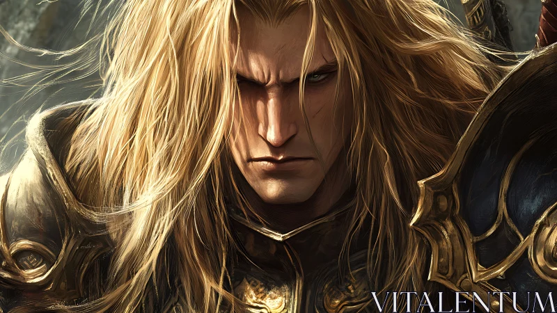 Battle-worn blonde paladin portrait in ornate plate armor