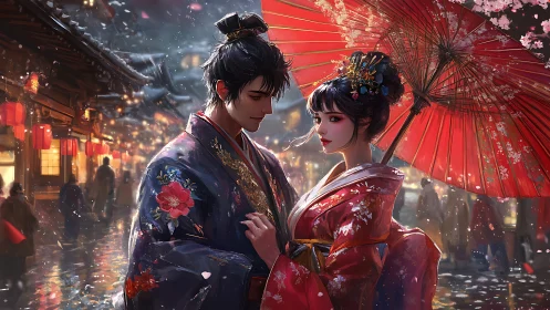 Romantic kimono couple under red parasol in lantern street.